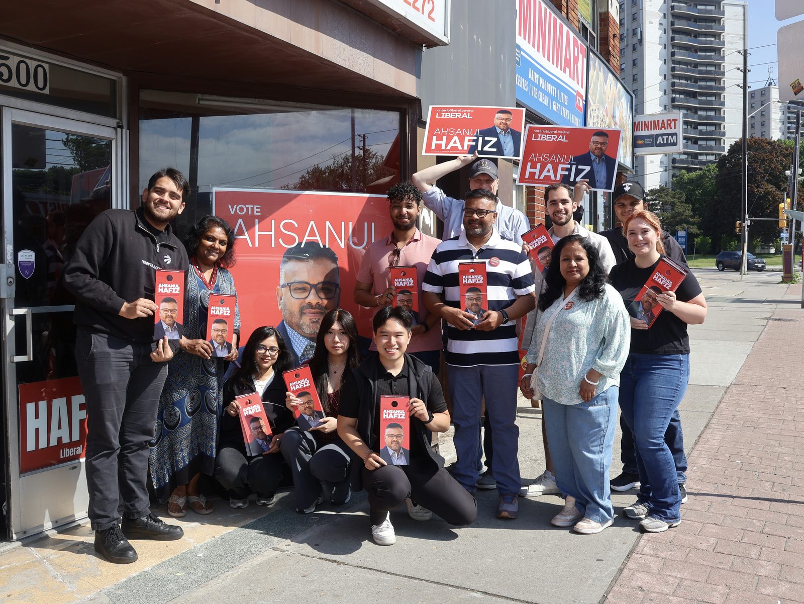 Ahsanul Hafiz and volunteers out canvassing in Scarborough Southwest on a Saturday